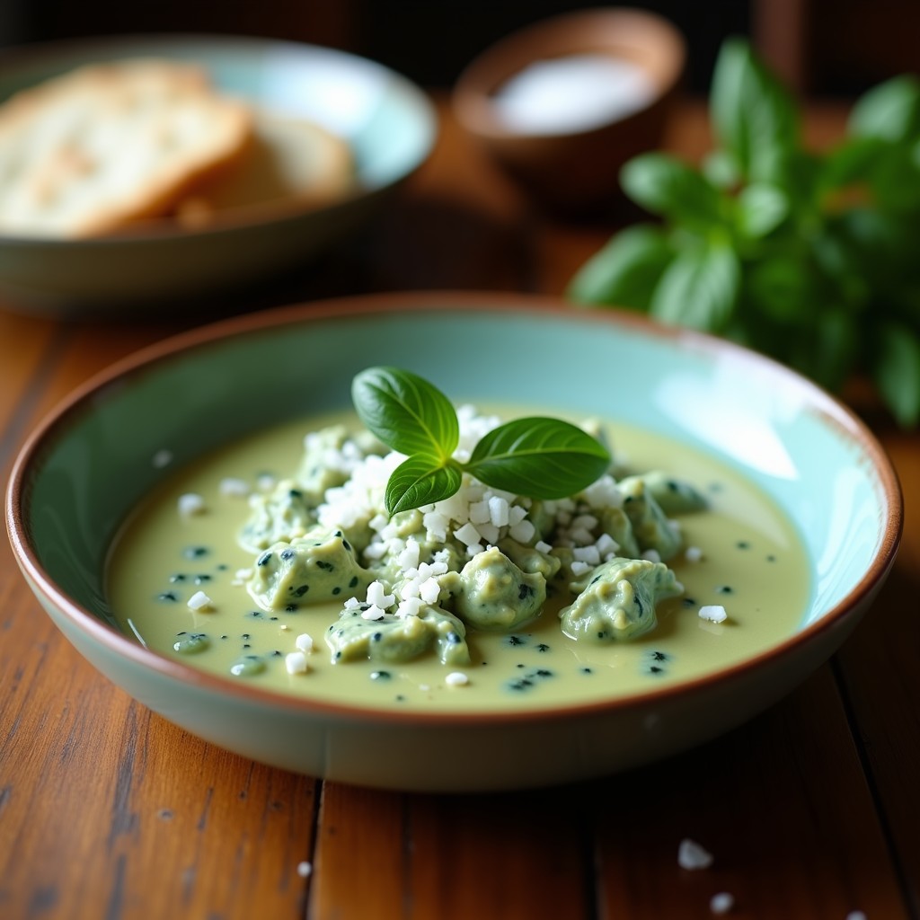 Cuenco blanco con crema fría de espinaca y albahaca de color verde intenso, coronada con virutas de coco doradas y una hoja de albahaca fresca. Plato tailandés sin cocinar, servido sobre una mesa de madera con fondos verdes.