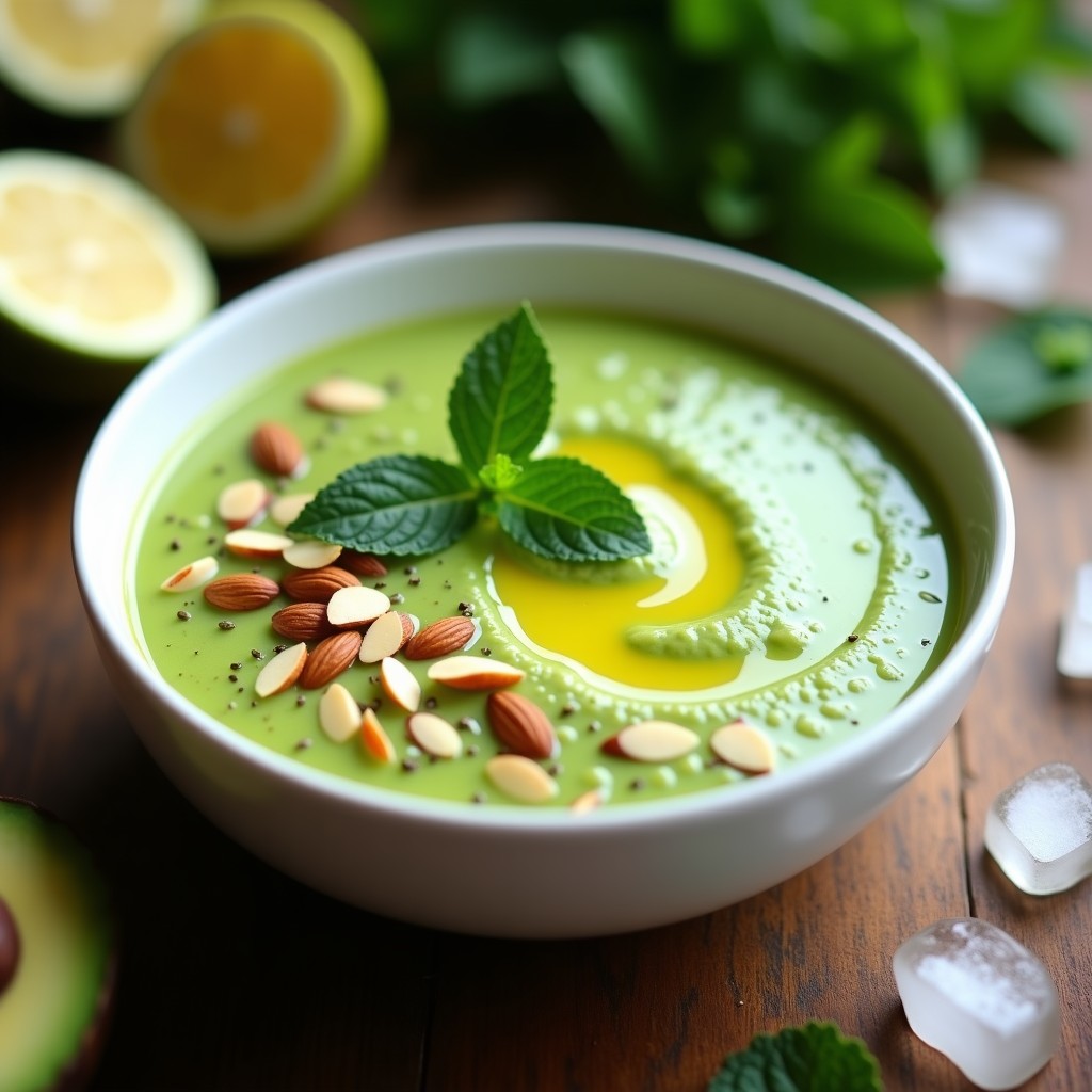 Cuenco blanco con crema fría de espinaca y aguacate sin lácteos, de color verde intenso, decorada con almendras fileteadas y un hilo de aceite de oliva. Fondo con hierbas frescas y limón en rodajas.