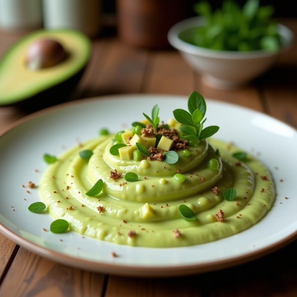 Cuenco blanco con crema fría de espinacas y aguacate vegana, decorada con rodajas de aguacate, hilo de aceite de oliva y semillas de sésamo, sobre fondo rústico de madera.