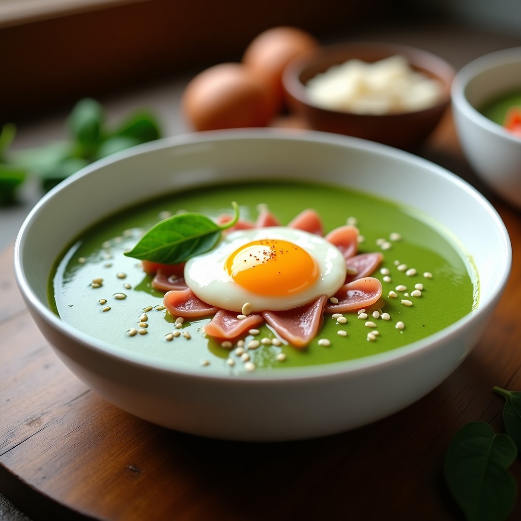 Cuenco blanco con crema fría de espinacas de color verde intenso, coronado con un huevo poché brillante, virutas de jamón serrano y semillas de sésamo, sobre fondo rústico de madera.