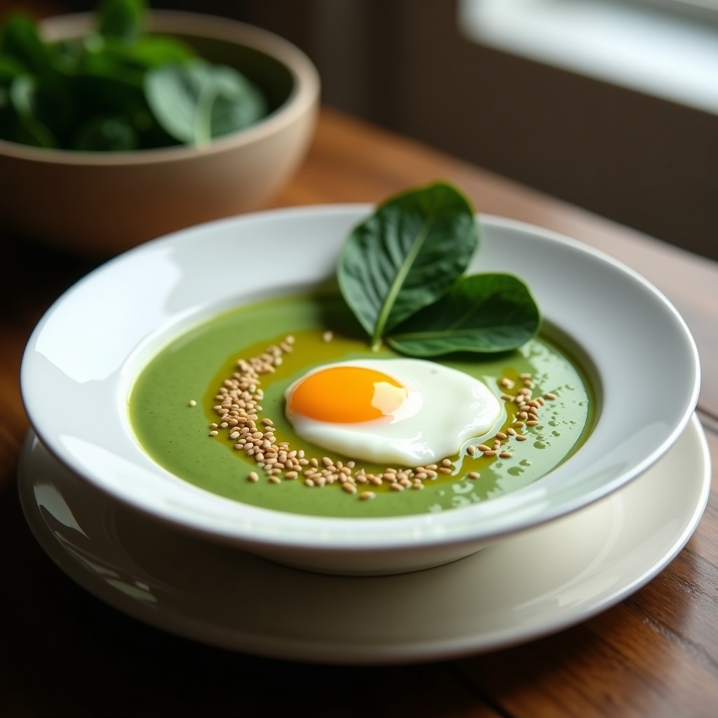 Cuenco blanco con crema fría de espinacas de color verde intenso, coronada con un huevo escalfado, semillas de sésamo y un hilo de aceite de oliva virgen extra.