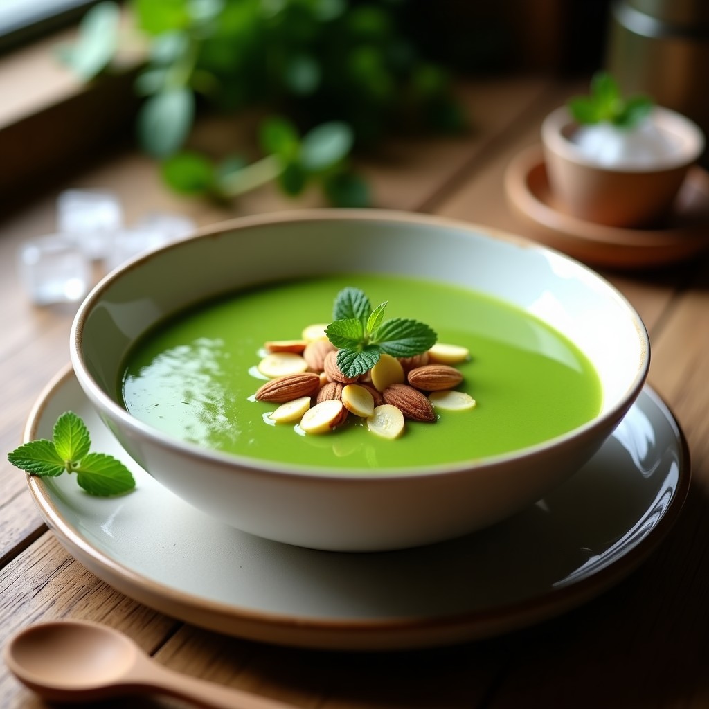 Cuenco de cerámica blanca con crema fría de guisantes y mentol, gazpacho verde andaluz sin lácteos, decorado con hojas de hierbabuena fresca, hilo de aceite de oliva virgen extra y pimienta negra, sobre una mesa de madera rústica con crudités de zanahoria y pepino al lado.