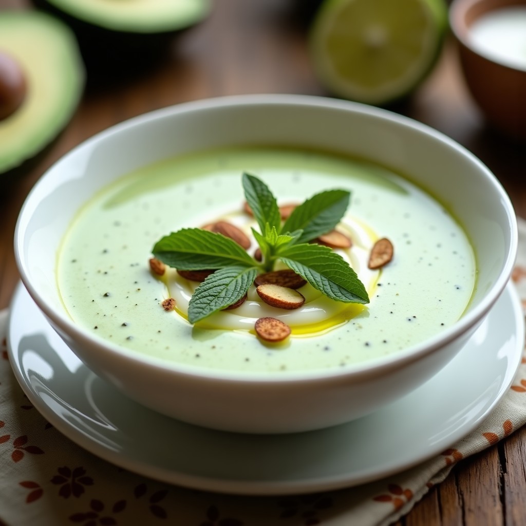 Crema fría de pepino y aguacate con yogur de colofermentado servida en cuenco blanco, decorada con rodajas de pepino, hojas de menta y hilo de aceite de sésamo, sobre fondo rústico de madera.