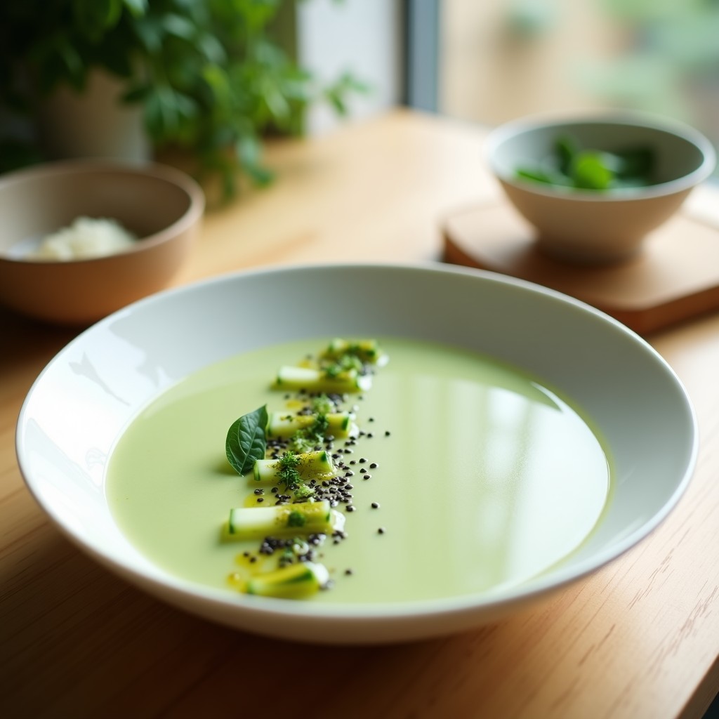 Crema fría de pepino y algas wakame servida en cuenco blanco con vinagreta de wasabi, decorada con semillas de sésamo negro y cebollino picado, receta japonesa vegana refrescante.