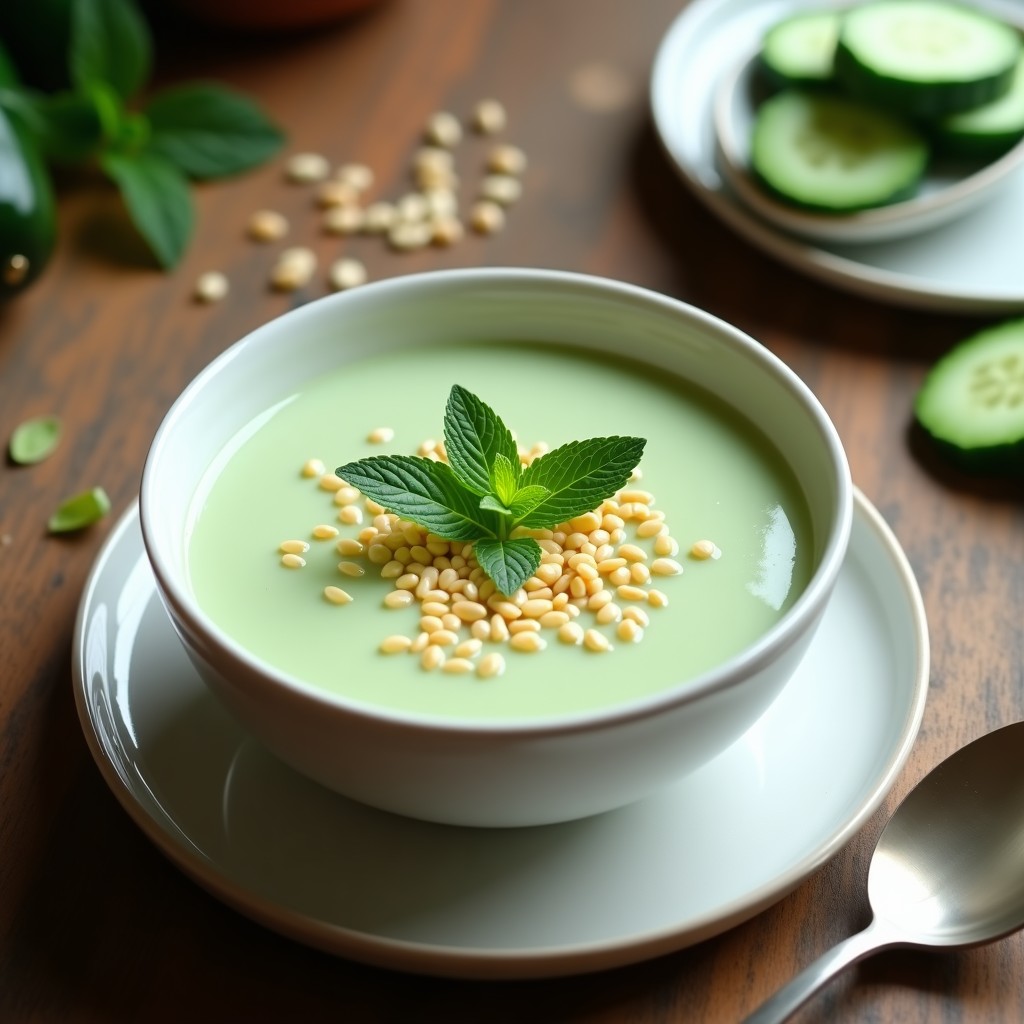 Cuenco blanco con crema fría de pepino y aloe vera, de color verde pálido y textura sedosa, decorada con crujiente de semillas de sésamo doradas y hojas de menta fresca. Plato refrescante y detox servido sobre una mesa de madera con fondo claro.
