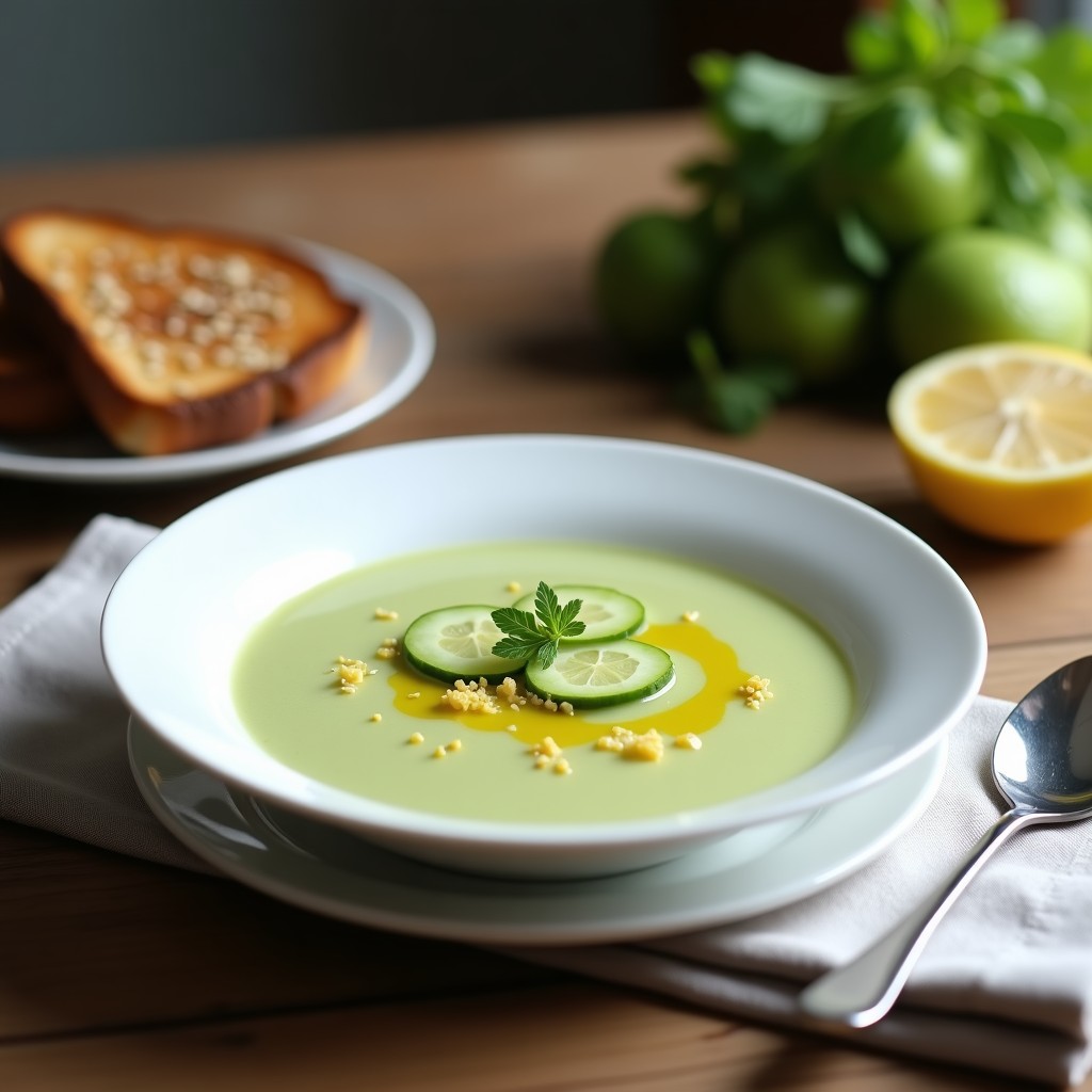 Cuenco blanco con crema fría de pepino y apio de color verde claro, decorada con semillas de chía, hojas de menta y rodajas de pepino. Acompañada de toasts dorados de pan de centeno sobre una tabla de madera rústica. Receta detox en 10 minutos.