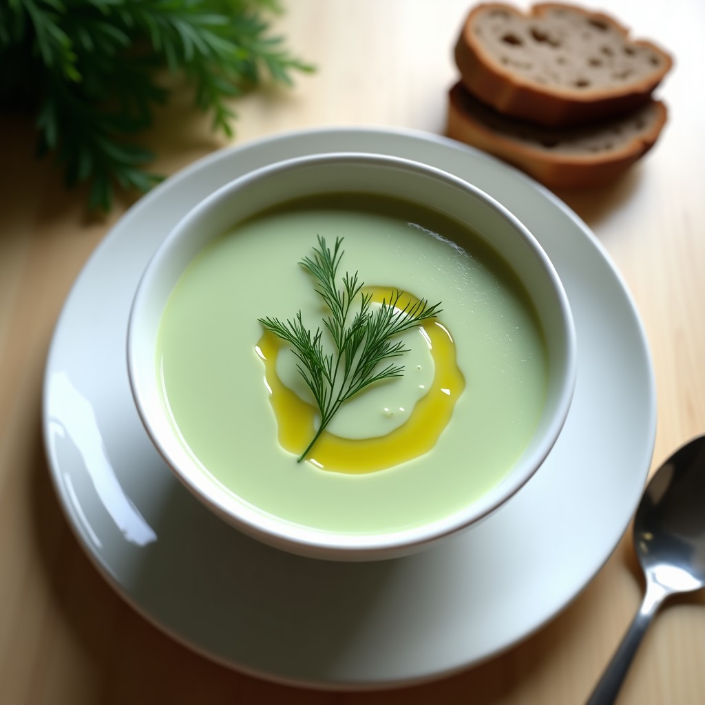 Cuenco blanco con crema fría de pepino y eneldo danesa, decorada con hojas de eneldo fresco y un hilo de aceite de oliva, sobre fondo de madera clara con rebanadas de pan de centeno.