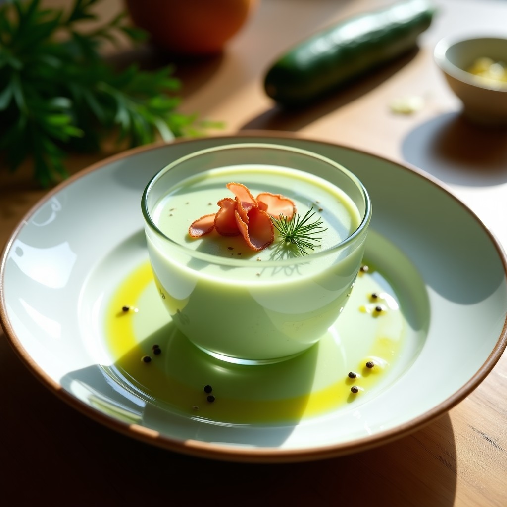 Cuenco de porcelana blanca con crema fría de pepino y eneldo, decorada con virutas de jamón serrano, hojas de eneldo fresco y un hilo de aceite de oliva virgen extra. Fondo borroso con ingredientes como pepino, limón y jamón serrano sobre una mesa de madera rústica.