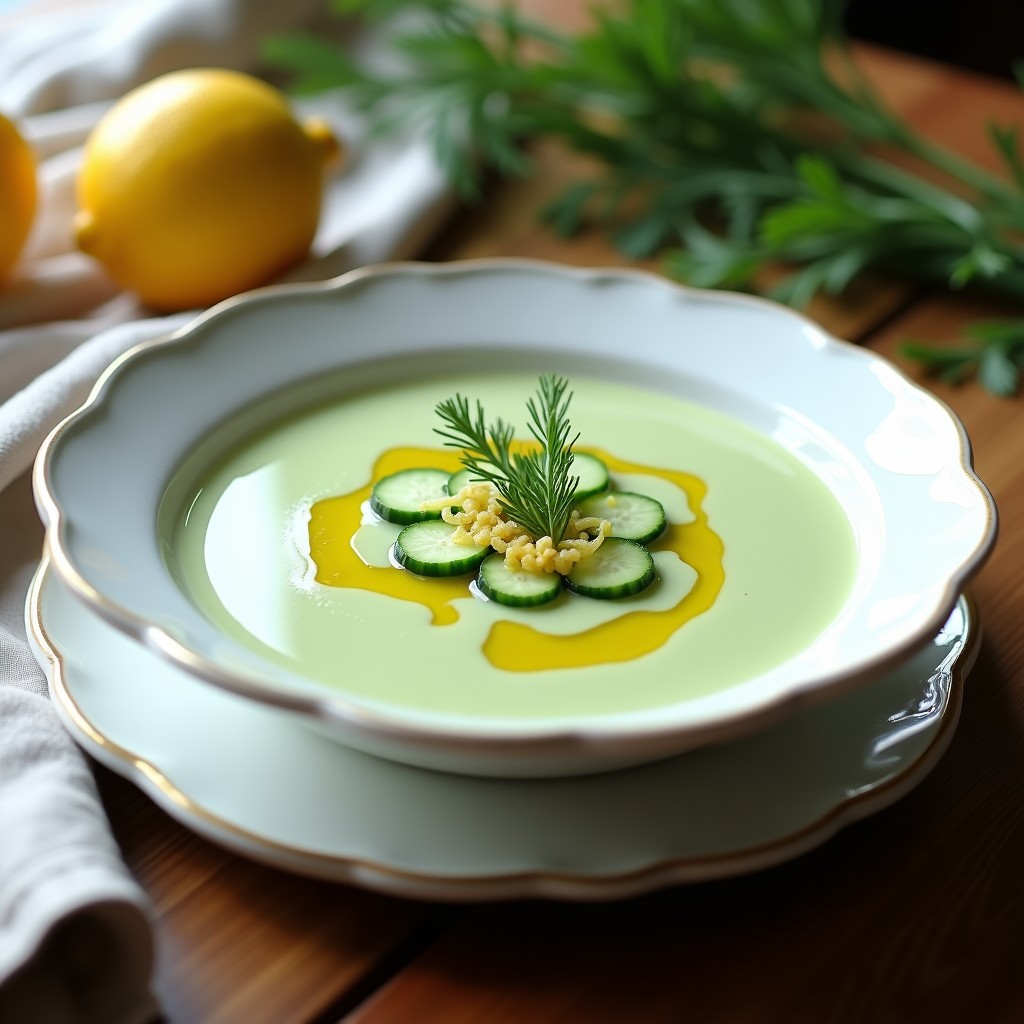Cuenco blanco con crema fría de pepino y eneldo, decorada con rodajas de pepino, limón confitado picado y hebras de eneldo fresco. Fondo con textura de madera clara y un hilo de aceite de oliva virgen extra.