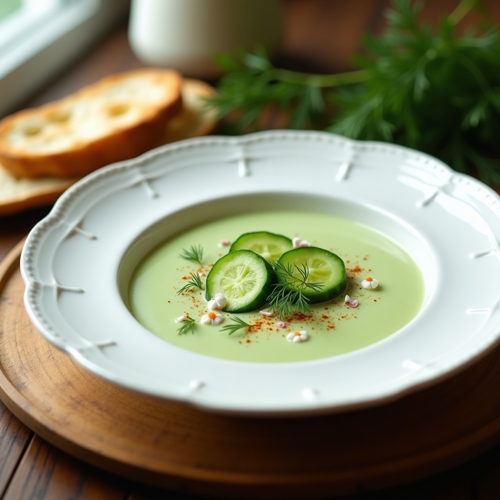 Cuenco de cerámica blanca con crema fría de pepino y eneldo, decorada con hojas de eneldo y menta fresca, hilo de aceite de oliva virgen extra griego y rodajas de pepino al lado, sobre un mantel de lino azul claro con fondo de luz natural.