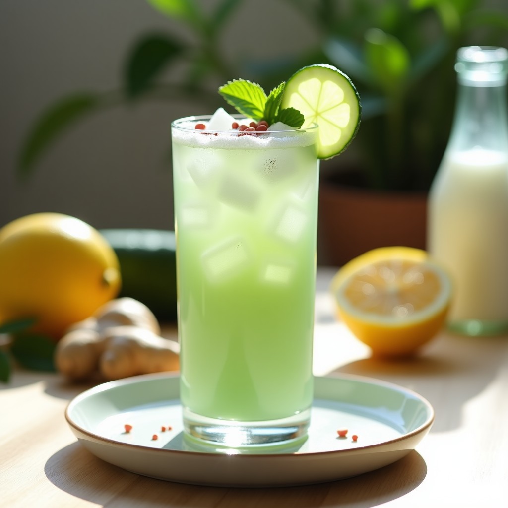 Vaso alto transparente con crema fría de pepino y kéfir de agua, decorado con hielo picado, rodaja de pepino, hoja de menta y pimienta rosa. Fondo borroso con ingredientes frescos como limón y jengibre.