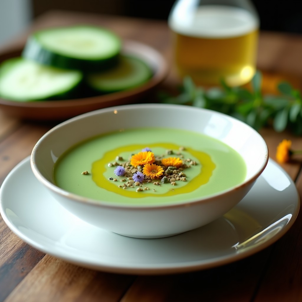 Crema fría de pepino y kéfir con hierbas de Provenza servida en cuenco blanco sobre mesa rústica, decorada con flores de caléndula y hilo de aceite de oliva, entrada francesa probiótica y digestiva.