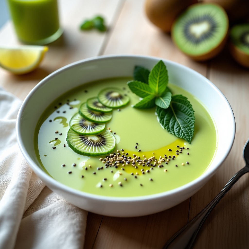 Crema fría de pepino y kiwi con toque de wasabi servida en cuenco blanco sobre fondo de madera clara, decorada con rodajas de pepino, semillas de sésamo y hojas de menta fresca. Plato refrescante y detox.