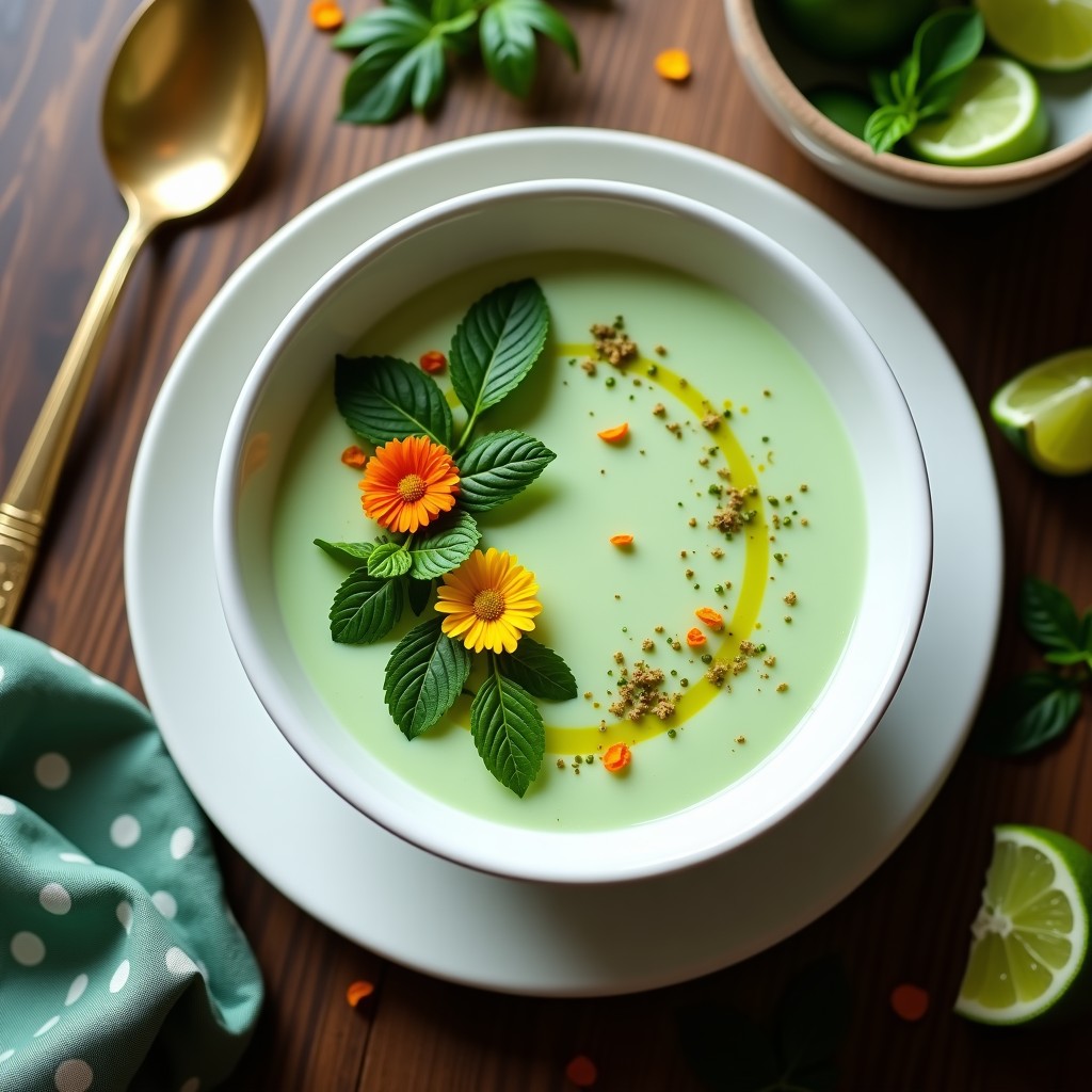 Cuenco de cerámica blanca con crema fría de pepino y menta con toque de lima, decorada con rodajas de pepino, hojas de menta fresca y semillas de comino tostadas sobre una mesa de madera rústica con fondo desenfocado.