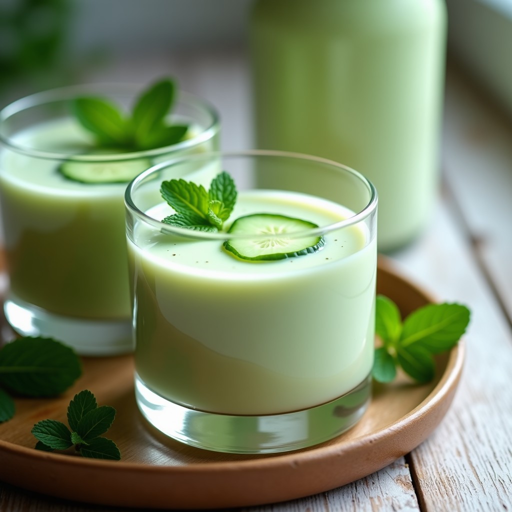 Cupas de cristal transparente con crema fría de pepino y menta con yogur griego, decorada con rodajas de pepino y hojas de menta fresca, servida sobre una mesa de madera rústica con luz natural de verano.