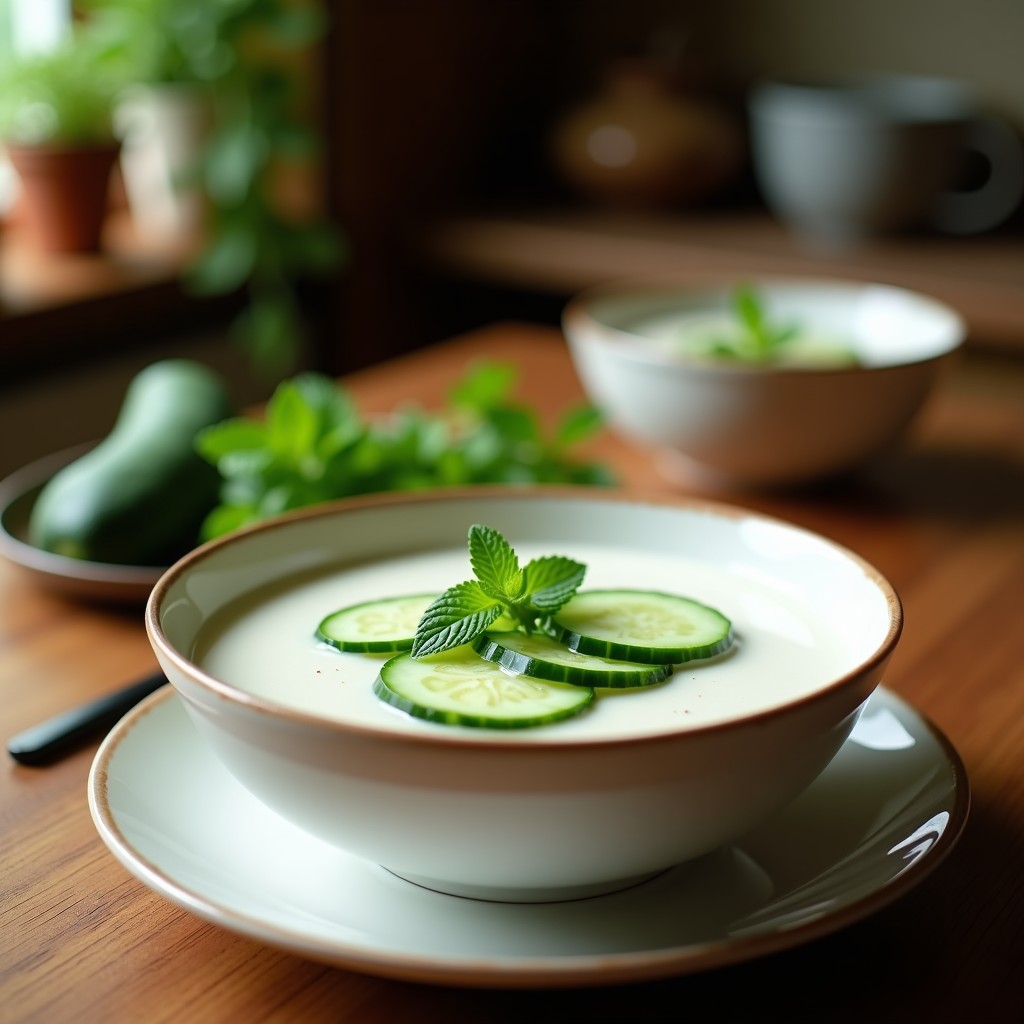 Cuenco blanco con crema fría de pepino y yogur de coco vegana sin lácteos, decorada con rodajas de pepino, hojas de menta fresca y semillas de sésamo tostadas. Plato refrescante y colorido sobre fondo rústico de madera con luz natural.