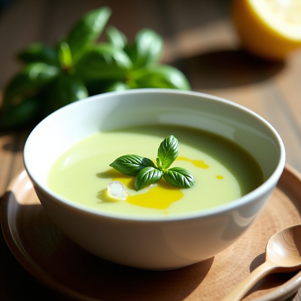 Cuenco blanco con crema fría de pespino y albahaca, decorada con hojas frescas y un hilo de aceite de oliva, servida con cucharita de madera sobre fondo rústico.