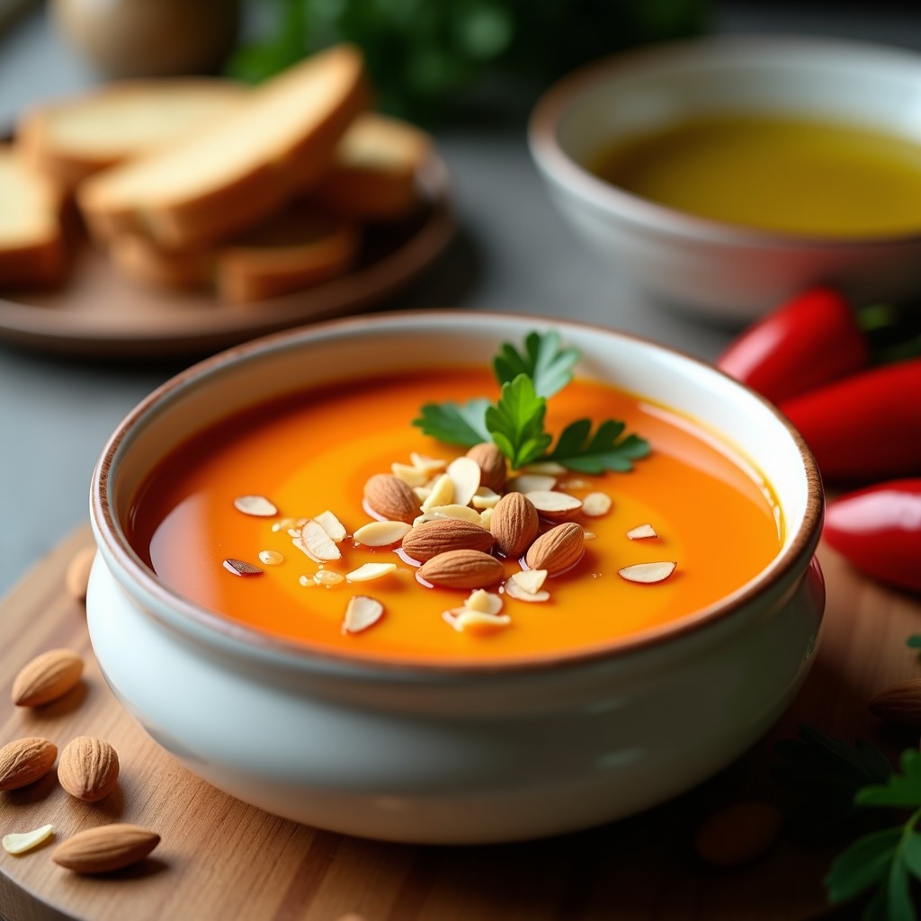 Cuenco de cerámica blanca con crema fría de pimiento choricero y almendras, decorada con almendras picadas y un hilo de aceite de oliva virgen extra sobre fondo rústico de madera.