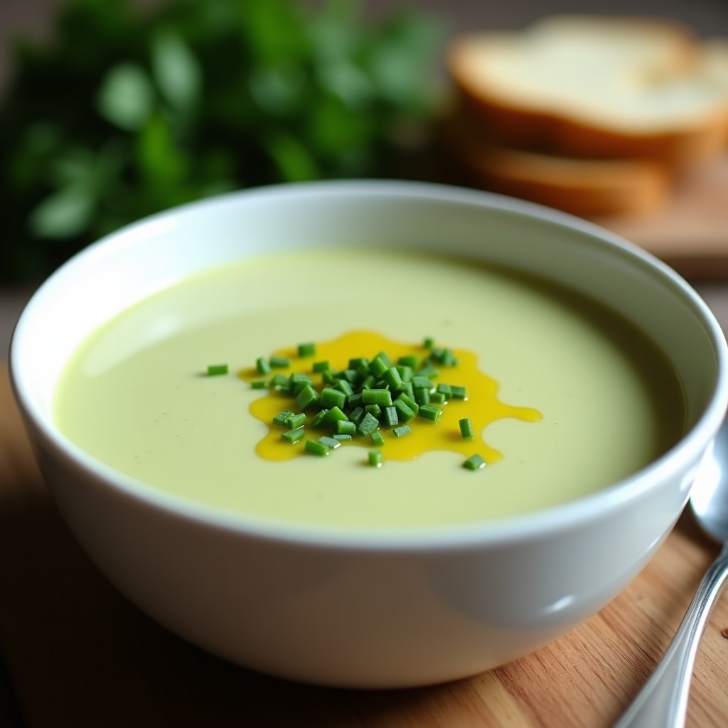 Cuenco blanco con crema fría de puerro y patata con ajo negro, decorada con cebollino fresco y un hilo de aceite de oliva virgen extra sobre fondo rústico.
