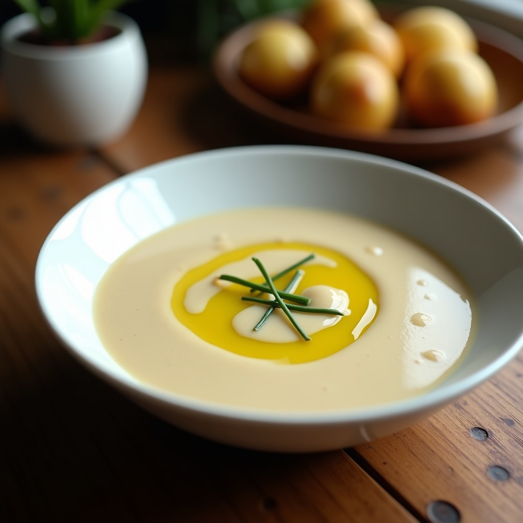 Cuenco blanco con crema fría de puerro y patata, decorada con hilo de aceite de oliva y perifollo fresco, sobre fondo de madera rústica.