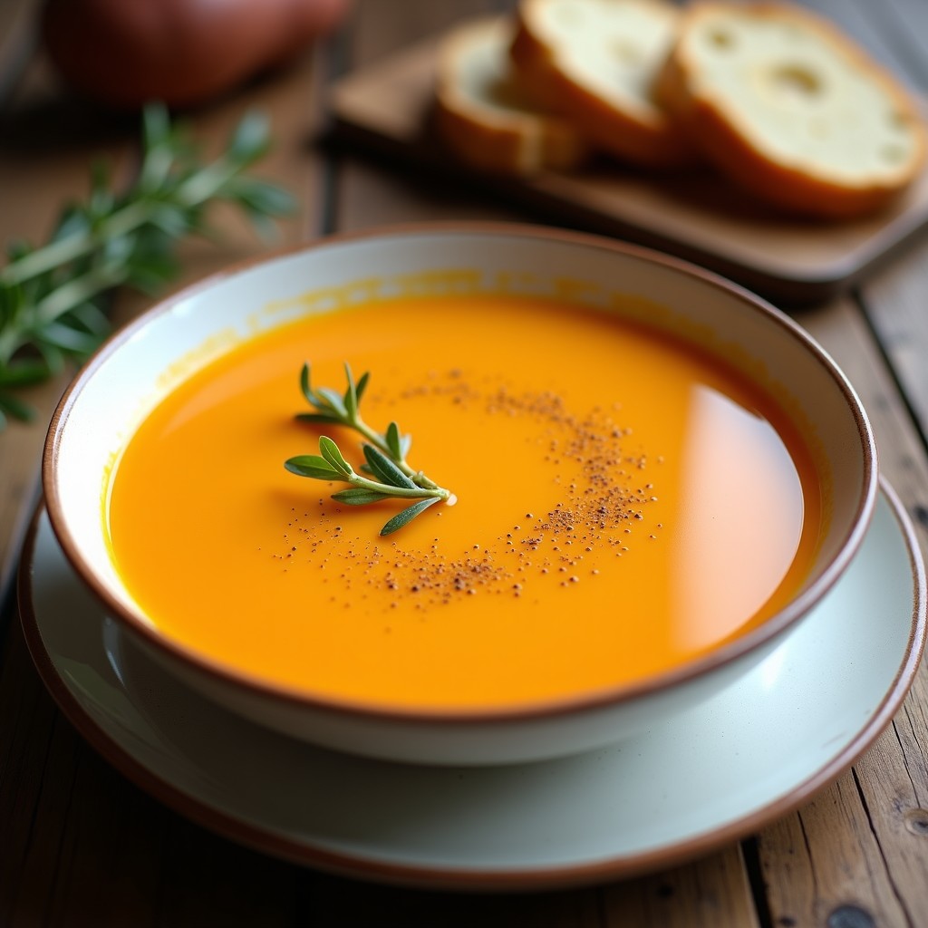 Cuenco blanco con crema fría de puerros y batata de color naranja suave, decorada con un hilo de aceite de oliva y pimienta negra, sobre una mesa rústica de madera con hierbas frescas al lado.
