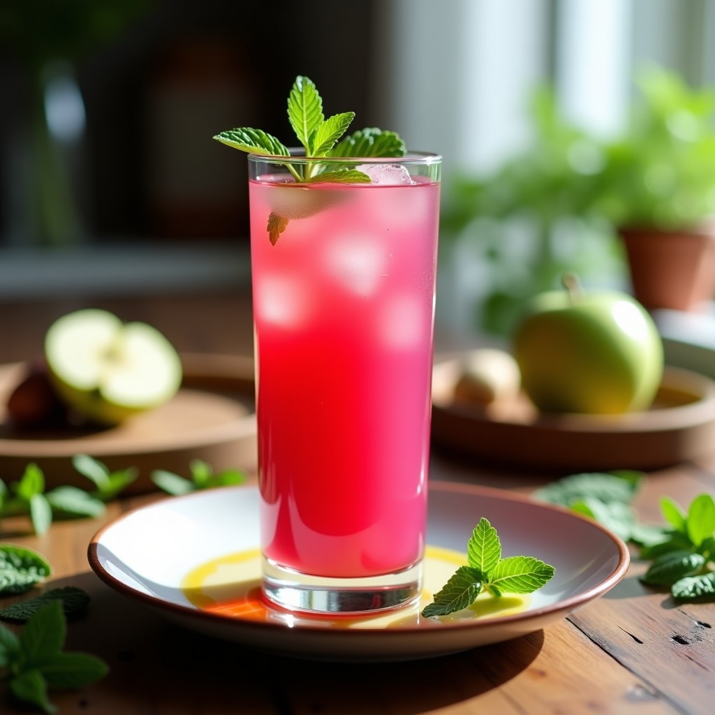 Vaso alto transparente con crema fría de remolacha y manzana, color rosa vibrante, decorado con hojas de menta y un chorrito de aceite de oliva, sobre fondo de madera rústica con hielo al alrededor.