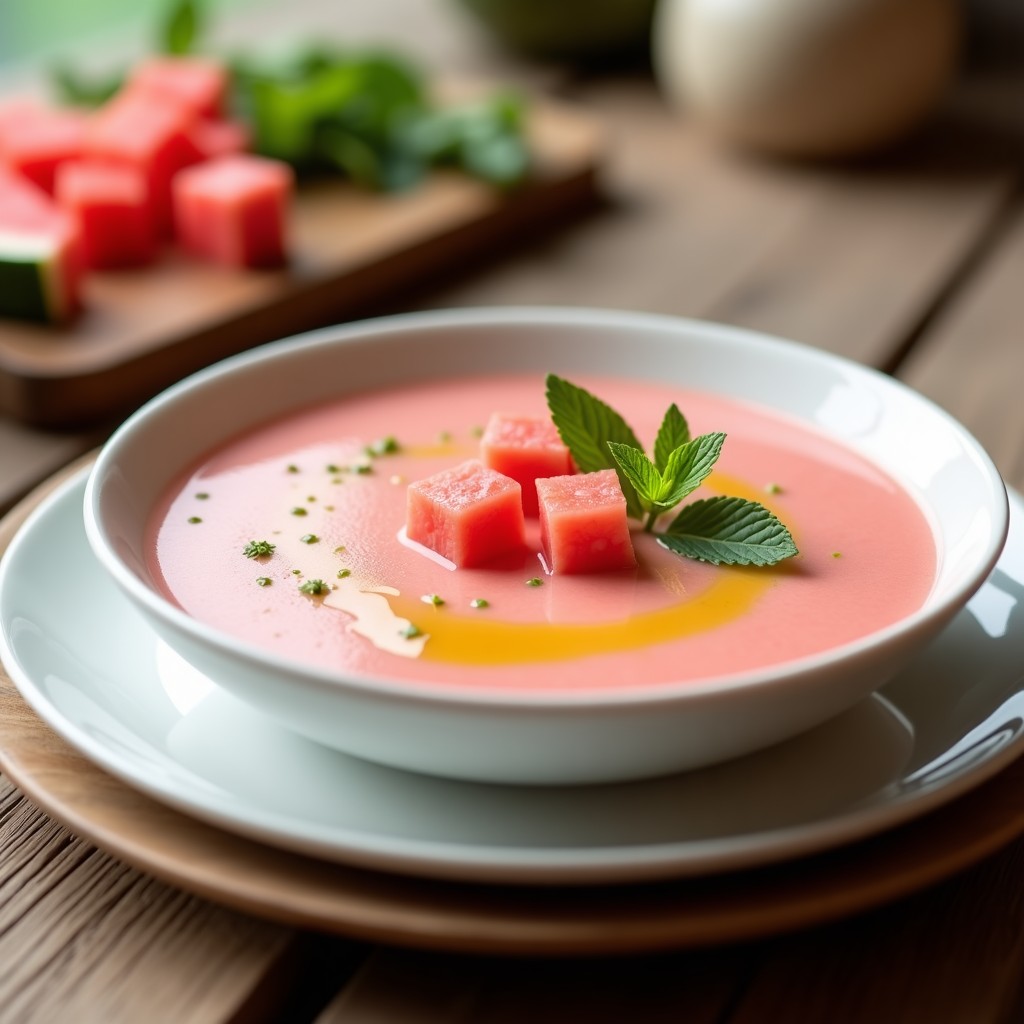 Cuenco blanco con crema fría de sandía y jengibre, decorada con cubitos de sandía, hojas de menta y un hilo de aceite de oliva. Plato refrescante y colorido sobre fondo rústico de madera.