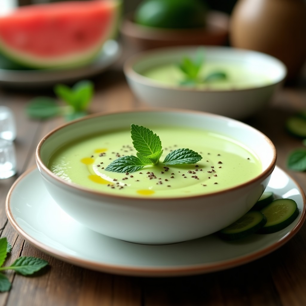Crema fría de sandía y pepino con toque de menta servida en cuenco de cerámica blanca, decorada con hoja de menta fresca y hilo de aceite de oliva virgen extra, sobre fondo de madera rústica con hielo picado al lado.