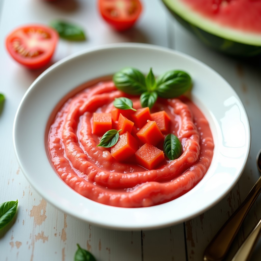 Cuenco blanco con crema fría de sandía y tomate con albahaca, decorada con hojas frescas de albahaca y un hilo de aceite de oliva virgen extra, servida sobre una mesa rústica de madera con fondo de luz natural veraniega.