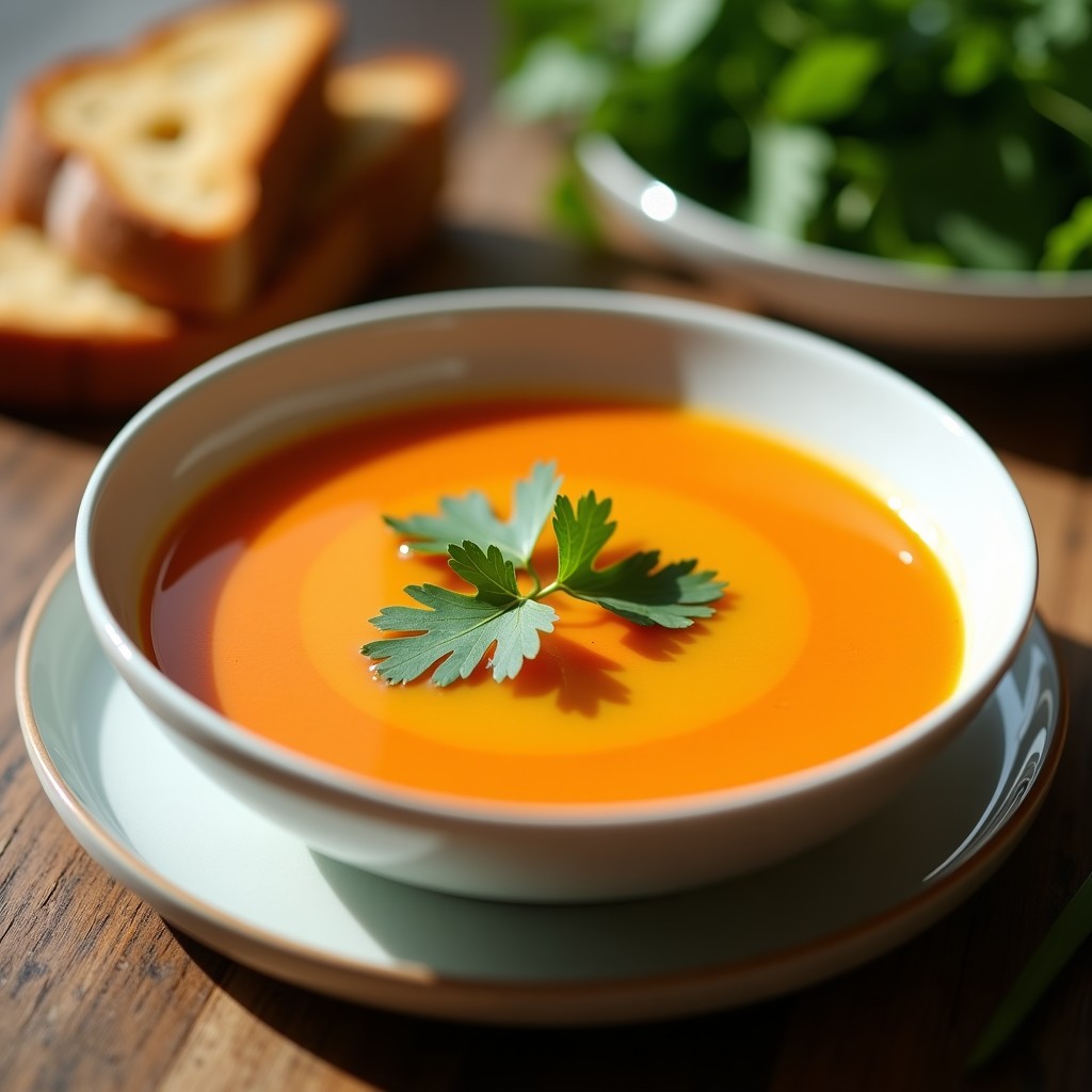 Cuenco blanco con crema fría de zanahoria y jengibre de color anaranjado vibrante, decorada con cilantro fresco y un hilo de aceite de oliva, servida sobre una mesa rústica con pan tostado al lado.