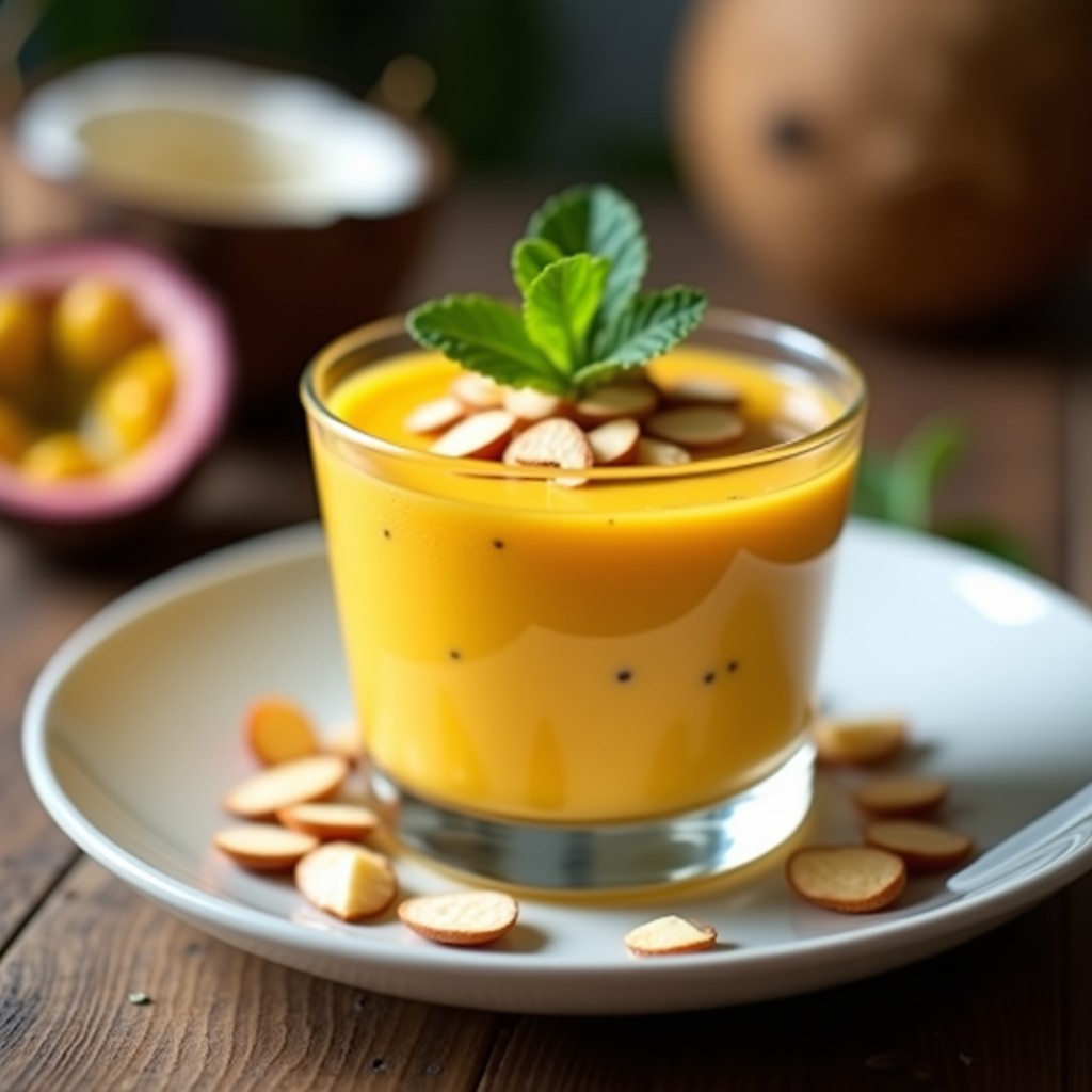 Copa de cristal transparente con crema de fruta de la pasión y maracuyá, decorada con almendras fileteadas y hojas de menta, postre keto sin azúcar.