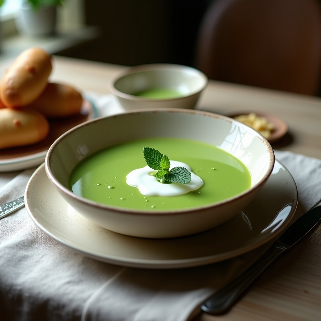 Cuenco blanco con crema de guisantes fría de color verde vibrante, decorada con hojas de menta fresca y un hilo de aceite de oliva virgen extra, sobre fondo de madera rústica con cubitos de hielo al lado. Receta Thermomix refrescante para verano.