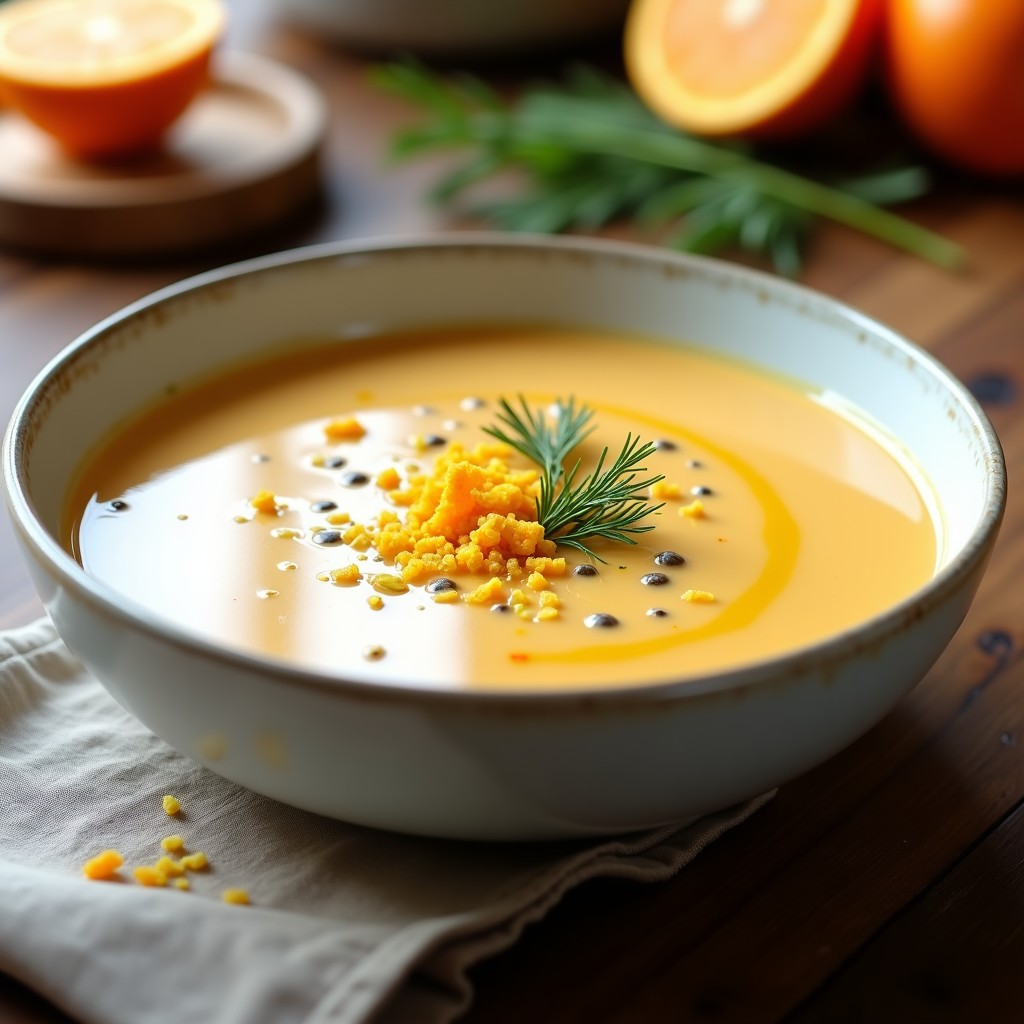 Cuenco blanco con crema de hinojo y naranja vegana, decorada con hojas frescas de hinojo y ralladura de naranja, sobre fondo de madera rústica.