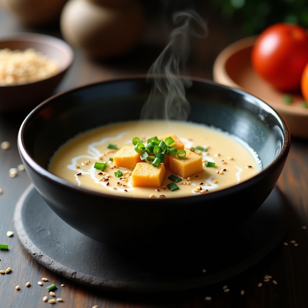 Bol de cerámica negra con crema de hongo negro chino vegana, trozos de tofu y cebollino fresco, servida con semillas de sésamo tostadas sobre una mesa de madera oscura.