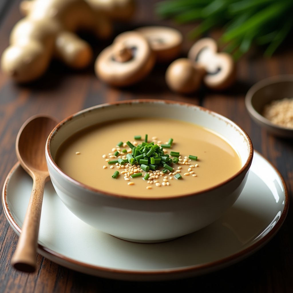 Cuenco de cerámica blanca con crema de hongos shitake y jengibre, decorada con cebollino fresco y sésamo tostado, acompañada de una cuchara de madera y tallos de jengibre fresco al fondo.