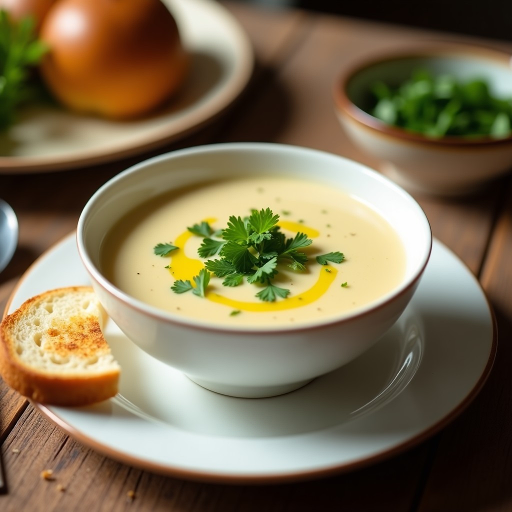Plato hondo blanco con crema de palmito brasileña de color beige claro, decorada con cilantro fresco y un hilo de aceite de oliva. Fondo rústico con pan tostado al lado.