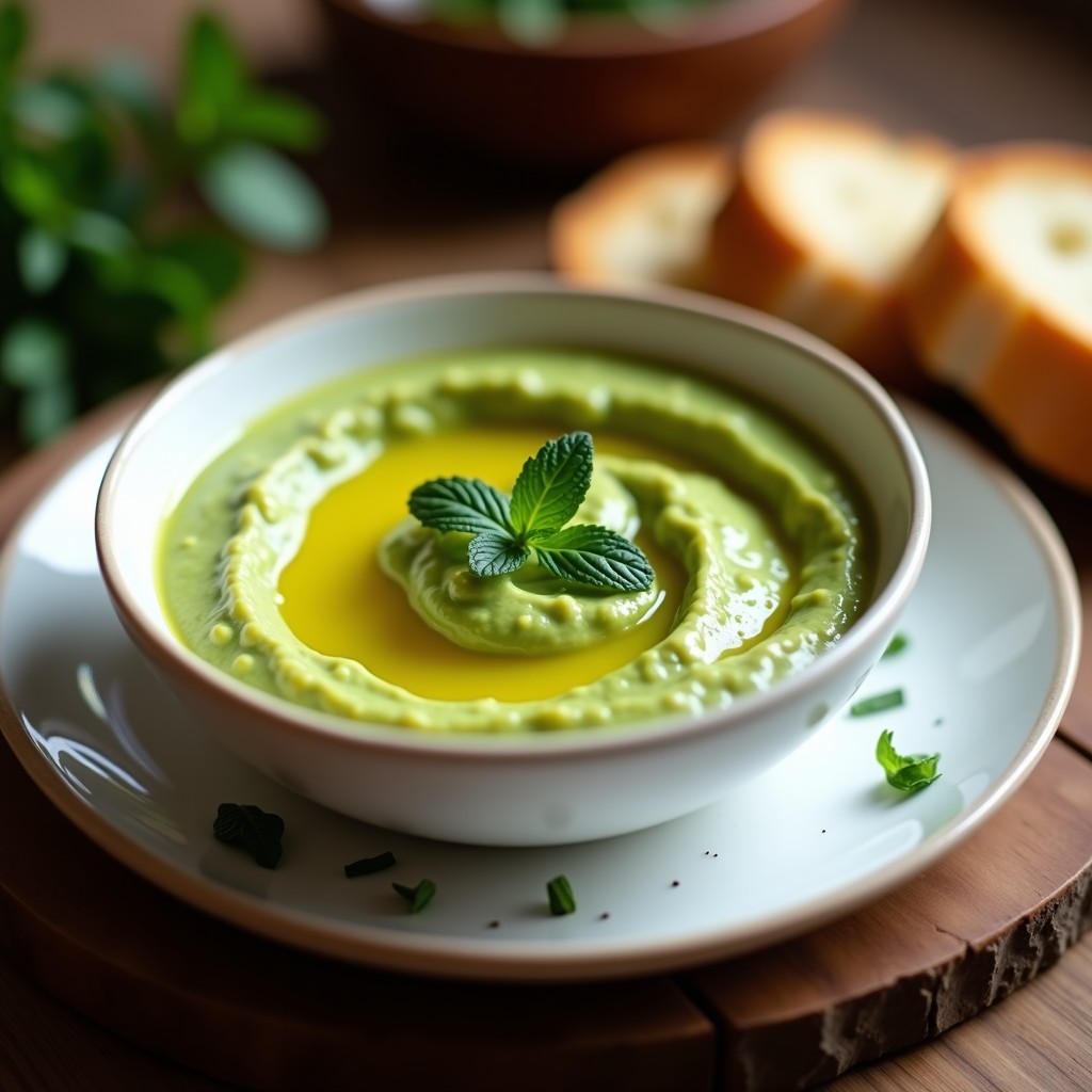 Crema de paltas andina limeña en bol de cerámica blanca, con textura cremosa y color verde vibrante, decorada con hojas de hierbabuena y un hilo de aceite de oliva, sobre fondo rústico de madera.