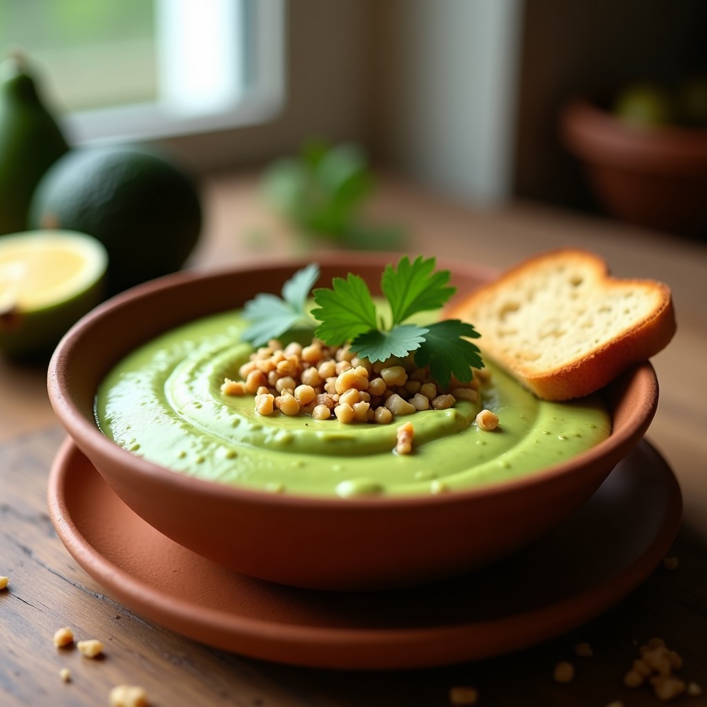 Recipiente de barro con crema de paltas chilena sin lactosa, decorada con nueces picadas, cilantro fresco y trozos de aguacate, acompañada de pan tostado y rodajas de limón.