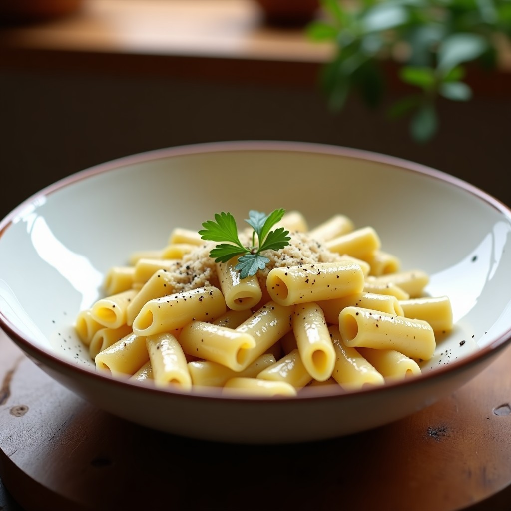 Plato hondo blanco con crema de pasta integral, trozos de alcachofa y virutas de parmesano, bañada en aceite de trufa negra. Decorada con perejil fresco y un toque de pimienta negra.