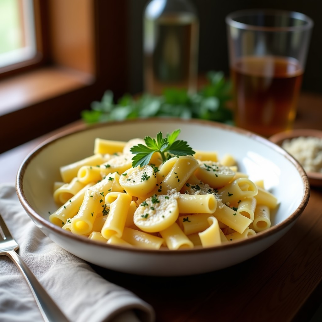 Bol hondo blanco con crema de pasta integral y alcachofas en trozos, espolvoreada con perejil fresco y levadura nutricional, receta airfryer sin lactosa.