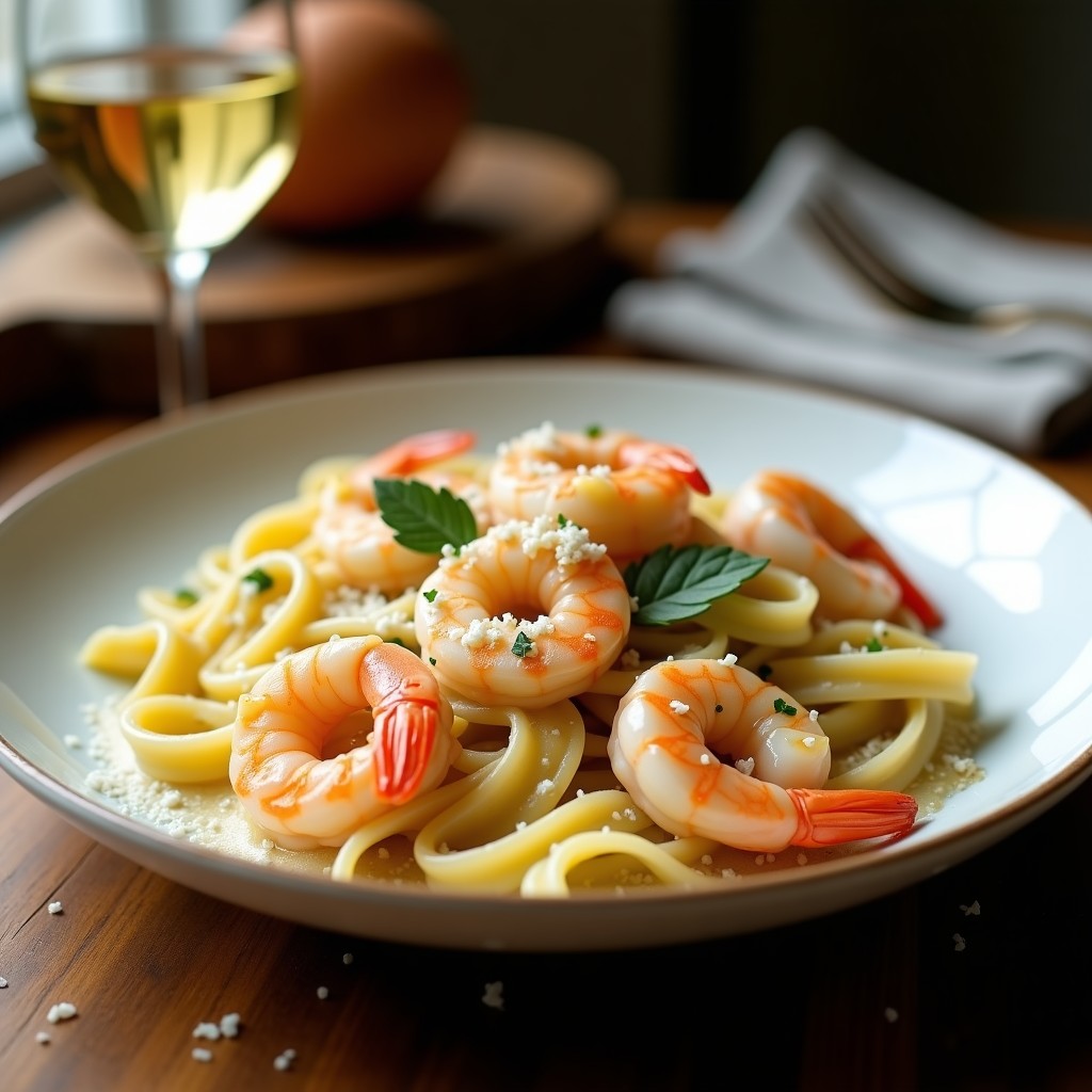 Plato hondo blanco con crema de pasta corta, alcachofas en cuartos y gambas rosadas, espolvoreado con queso parmesano y perejil fresco, receta de crema de pasta con alcachofas y gambas.