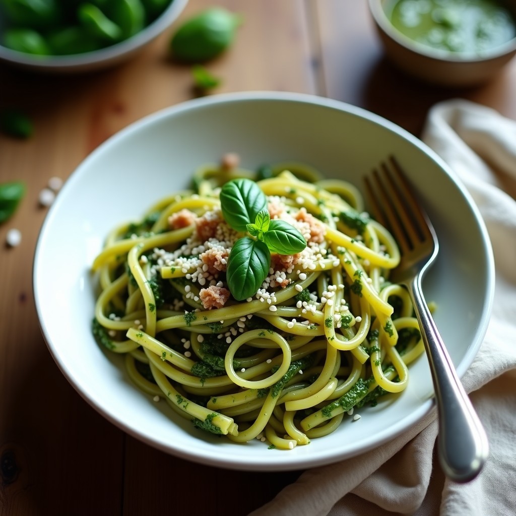 Plato hondo blanco con crema de pasta corta bañada en salsa verde oscura de algas nori y pesto, decorada con semillas de sésamo tostadas y virutas de coco.