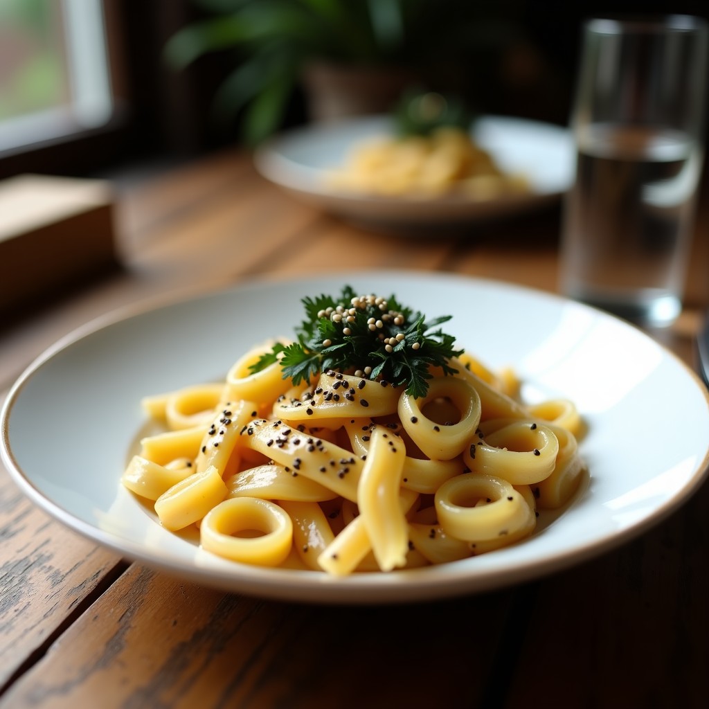 Plato hondo blanco con crema de pasta integral fusilli bañada en salsa umami de algas nori y trufa, decorada con semillas de sésamo y un hilo de aceite de trufa negra.