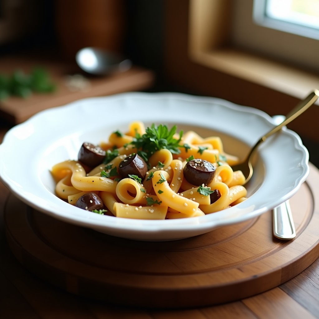 Plato hondo blanco con crema de pasta y berenjena ahumada en Thermomix, decorada con perejil fresco y semillas de sésamo tostadas, servida con cuchara de madera sobre fondo rústico.