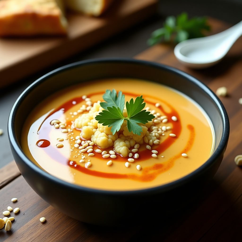 Cuenco de cerámica negra con crema de pasta de cacahuete y coliflor, decorada con semillas de sésamo, cilantro fresco y un hilo de aceite de sésamo tostado, servida sobre una mesa de madera rústica.