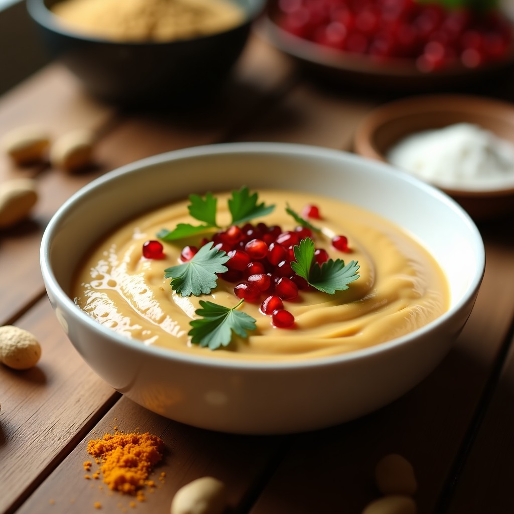 Cuenco de cerámica blanca con crema de pasta de cacahuete espesa y dorada, especias marroquíes visibles, decorada con cilantro fresco y semillas de granada rojas, sobre fondo rústico de madera.