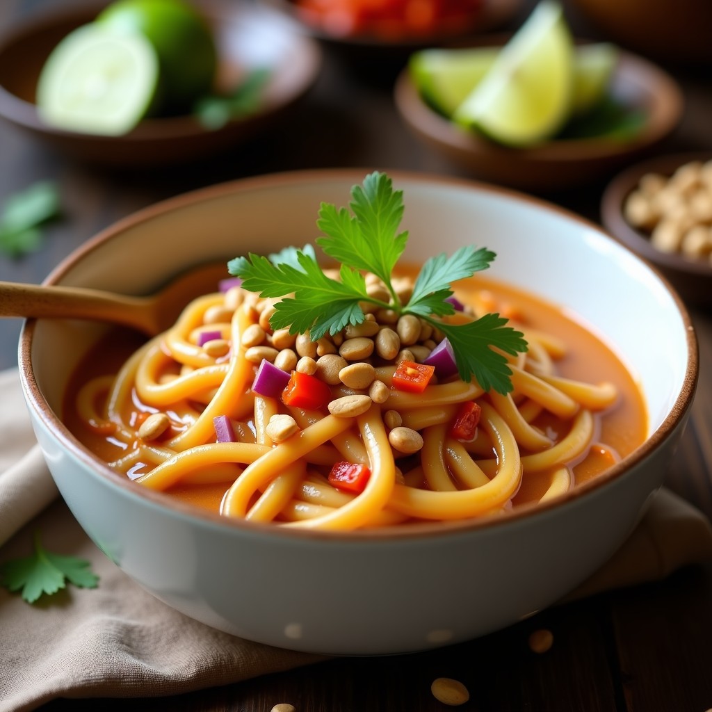 Bol de cerámica blanca con crema de pasta de cacahuete tailandesa, decorada con cacahuetes picados y cilantro fresco, acompañada de pimiento rojo y cebolla morada salteados.
