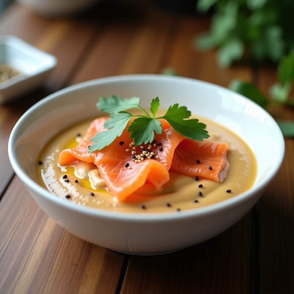 Bol hondo blanco con crema de pasta de cacahuete y salmón ahumado, decorado con láminas de salmón, cilantro fresco y semillas de sésamo negro, sobre fondo de madera rústica.
