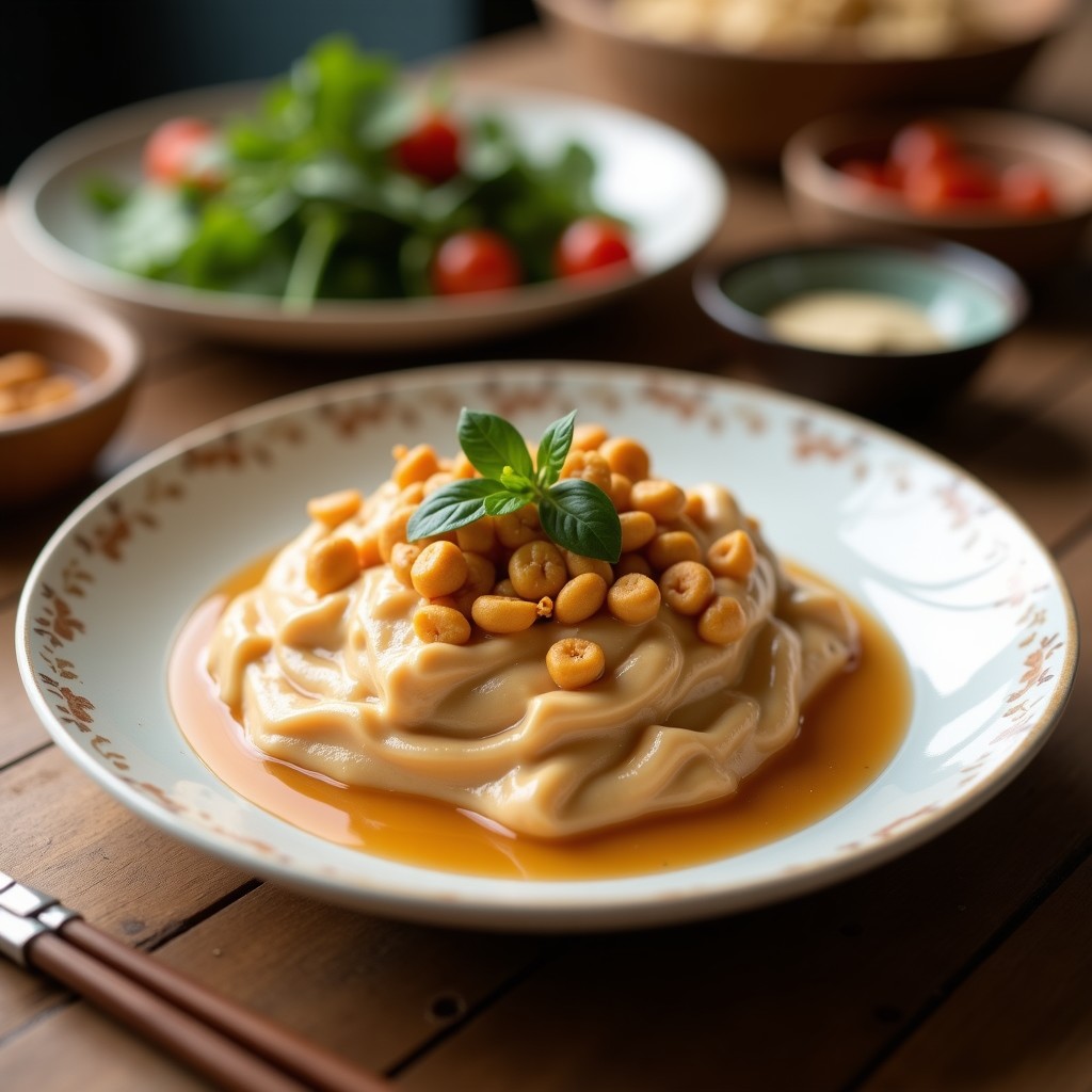Cuenco blanco con crema de pasta de cacahuete vegana espesa, decorada con cilantro fresco y semillas de sésamo, acompañada de pimiento rojo en rodajas y un toque de chile en copos.