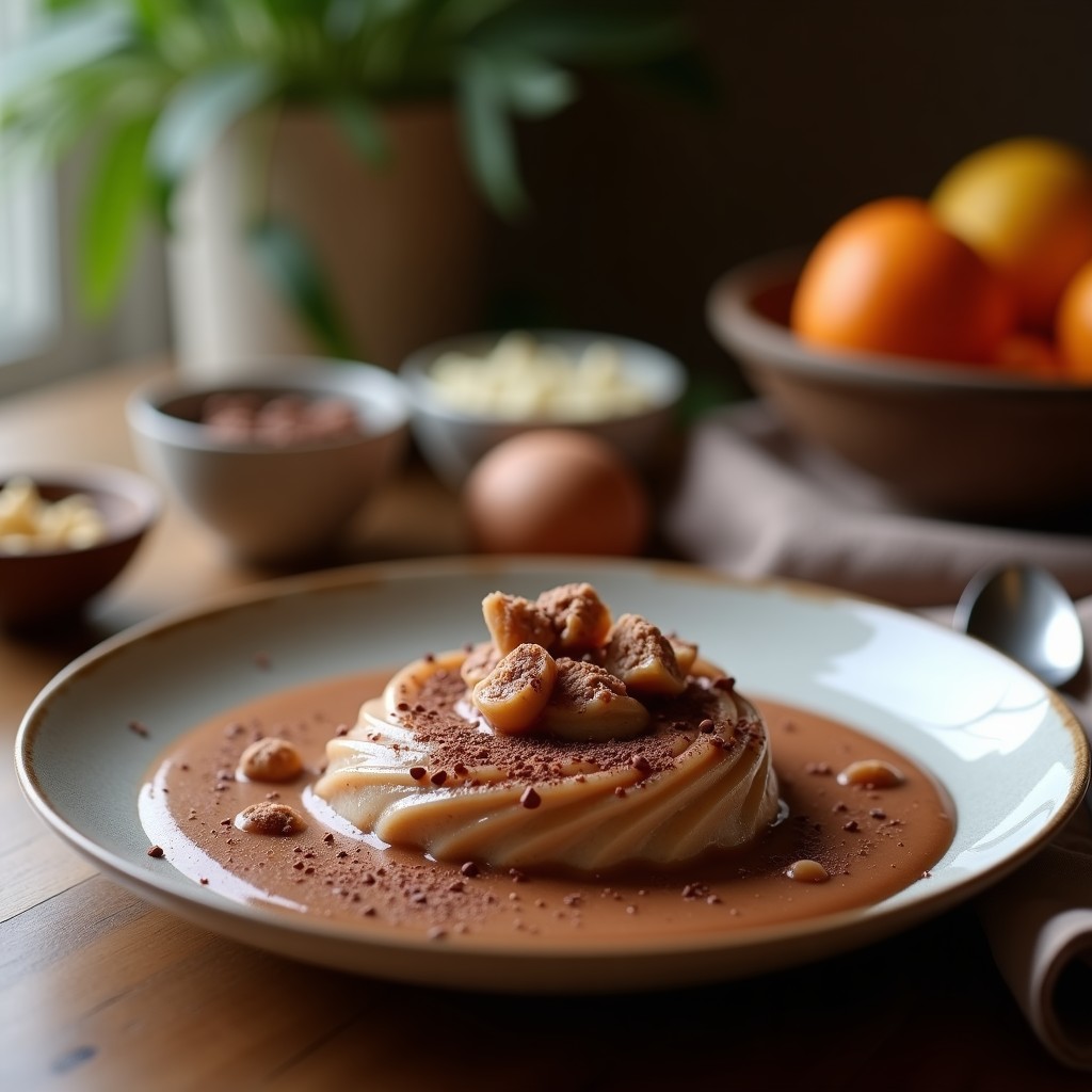 Copa de cristal transparente con crema espesa de color marrón oscuro, decorada con virutas de cacao y una pizca de canela en polvo. Fondo con copos de avena y dátiles. Receta de crema de pasta de cacao y avena sin azúcar.